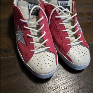 Golden Goose Red Suede & White Leather Low-Top Sneakers with Silver Star